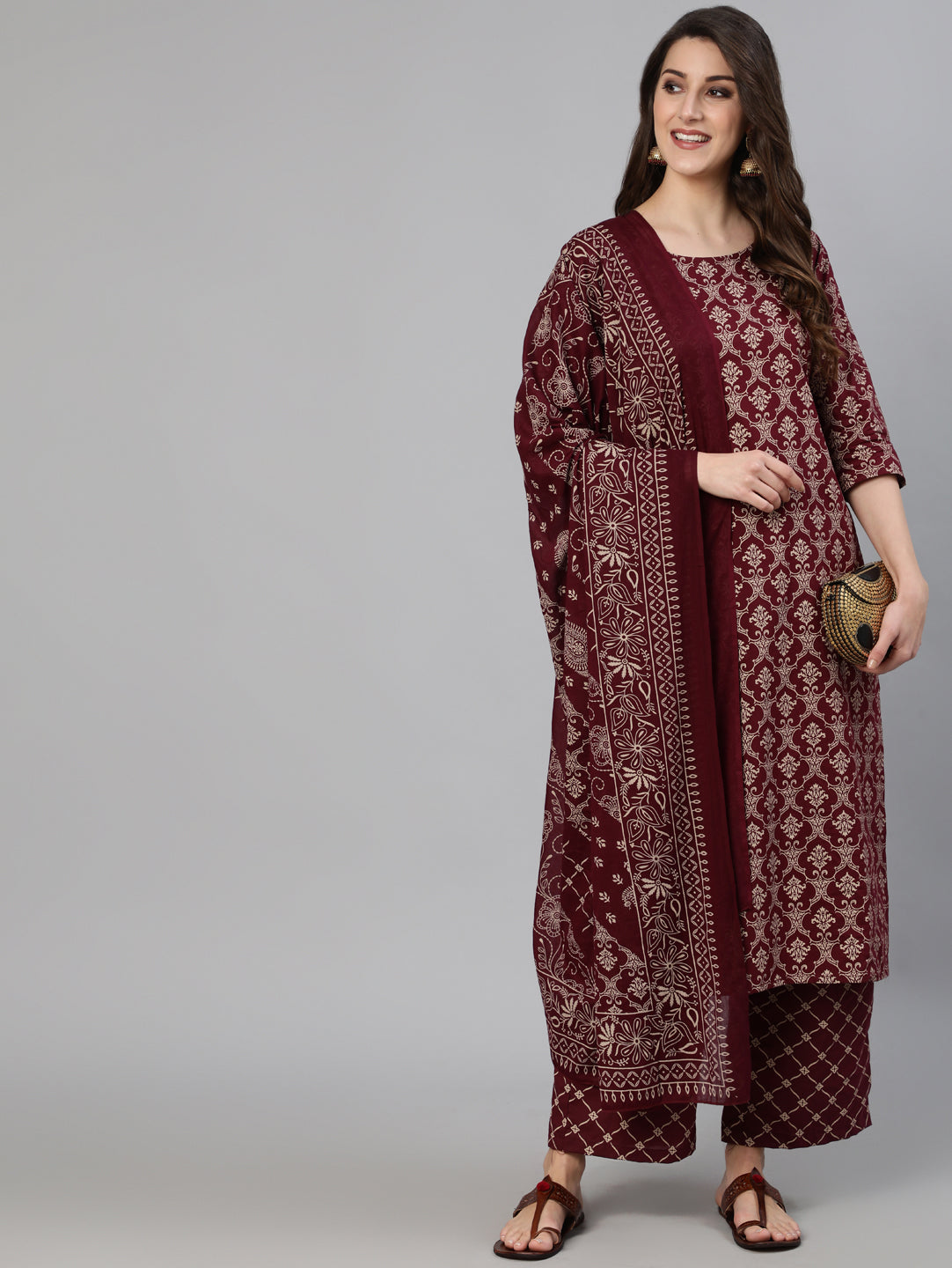 Women Burgundy Ethnic Printed Straightb Kurta With Palazzo & Dupatta | LASVINI - Redefining Indian Fashion with Elegance