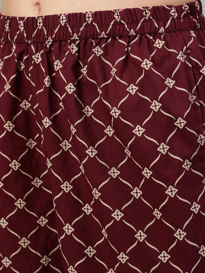 Women Burgundy Ethnic Printed Straightb Kurta With Palazzo & Dupatta | LASVINI - Redefining Indian Fashion with Elegance