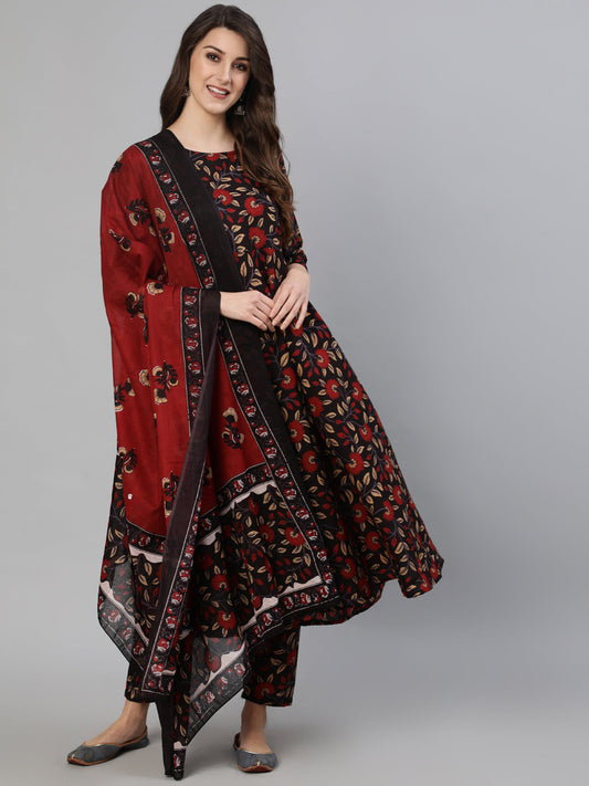 Women Black And Maroon Floral Printed Kurta With Trouser & Dupatta | LASVINI - Redefining Indian Fashion with Elegance