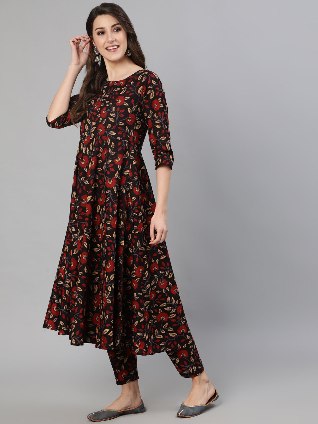 Women Black And Maroon Floral Printed Kurta With Trouser & Dupatta | LASVINI - Redefining Indian Fashion with Elegance