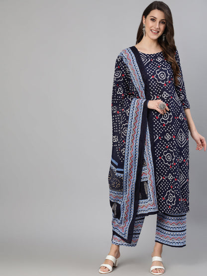 Women Blue Bandhani Printed Straight Kurta With Palazzo Dupatta | LASVINI - Redefining Indian Fashion with Elegance