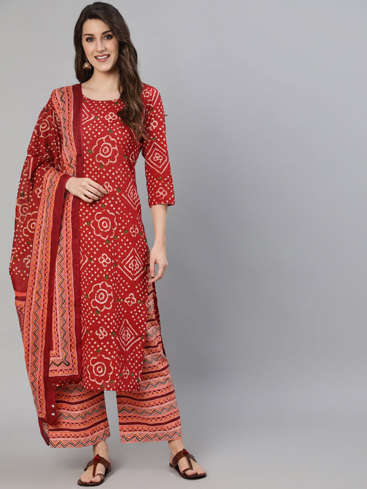 Women Red Bandhani Printed Straight Kurta With Palzzo And Dupatta | LASVINI - Redefining Indian Fashion with Elegance