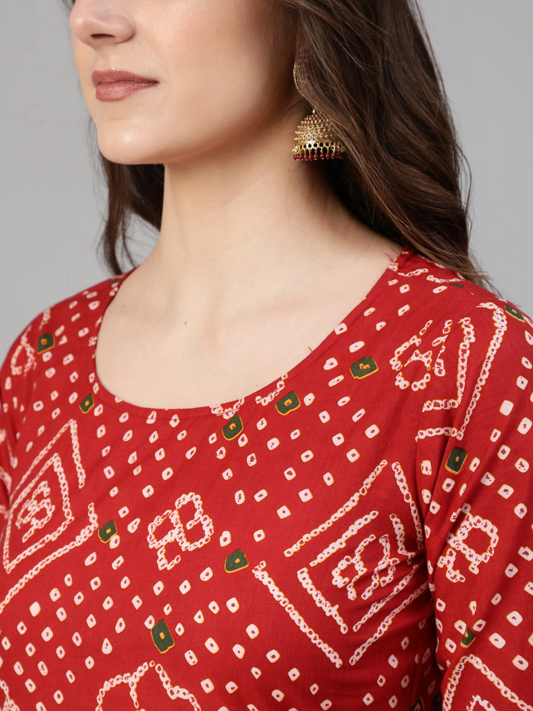 Women Red Bandhani Printed Straight Kurta With Palzzo And Dupatta | LASVINI - Redefining Indian Fashion with Elegance