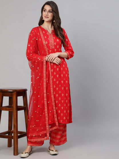 Women Red Gold Ethnic Printed Kurta With Palazzo And Sequence Dupatta | LASVINI - Redefining Indian Fashion with Elegance