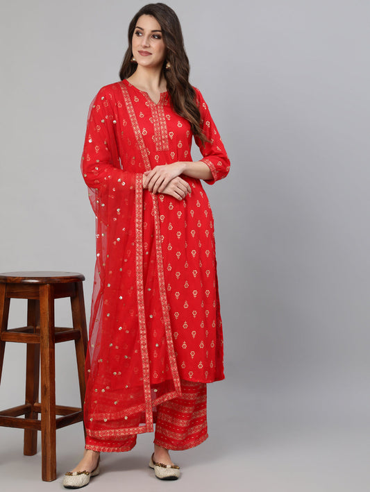 Women Red Gold Ethnic Printed Kurta With Palazzo And Sequence Dupatta | LASVINI - Redefining Indian Fashion with Elegance