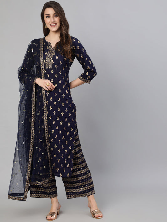 Women Navy Blue Printed Straight Kurta With Palazo And Net Dupatta | LASVINI - Redefining Indian Fashion with Elegance