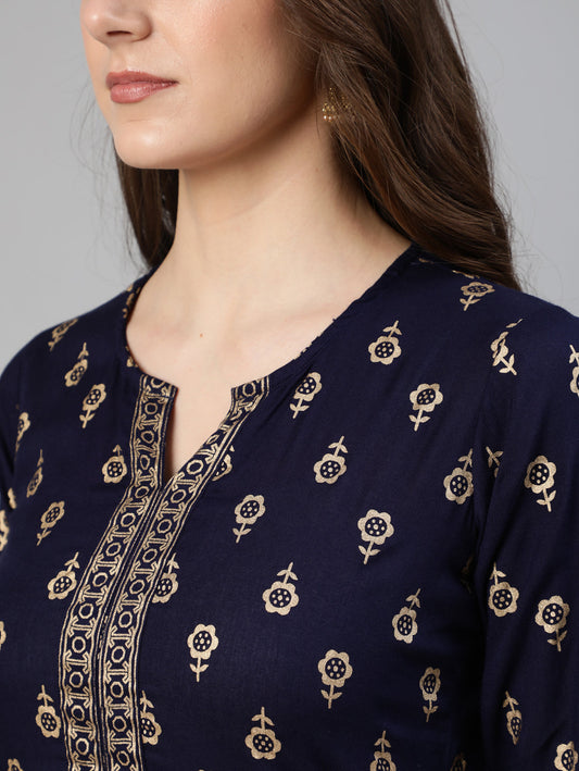 Women Navy Blue Printed Straight Kurta With Palazo And Net Dupatta | LASVINI - Redefining Indian Fashion with Elegance