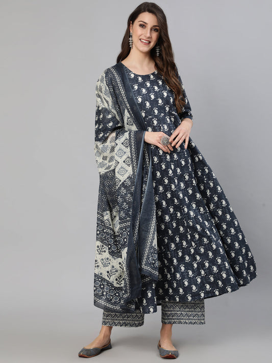 Women Grey Ethnic Motif Printed Flared Kurta With Trouser And Dupatta | LASVINI - Redefining Indian Fashion with Elegance