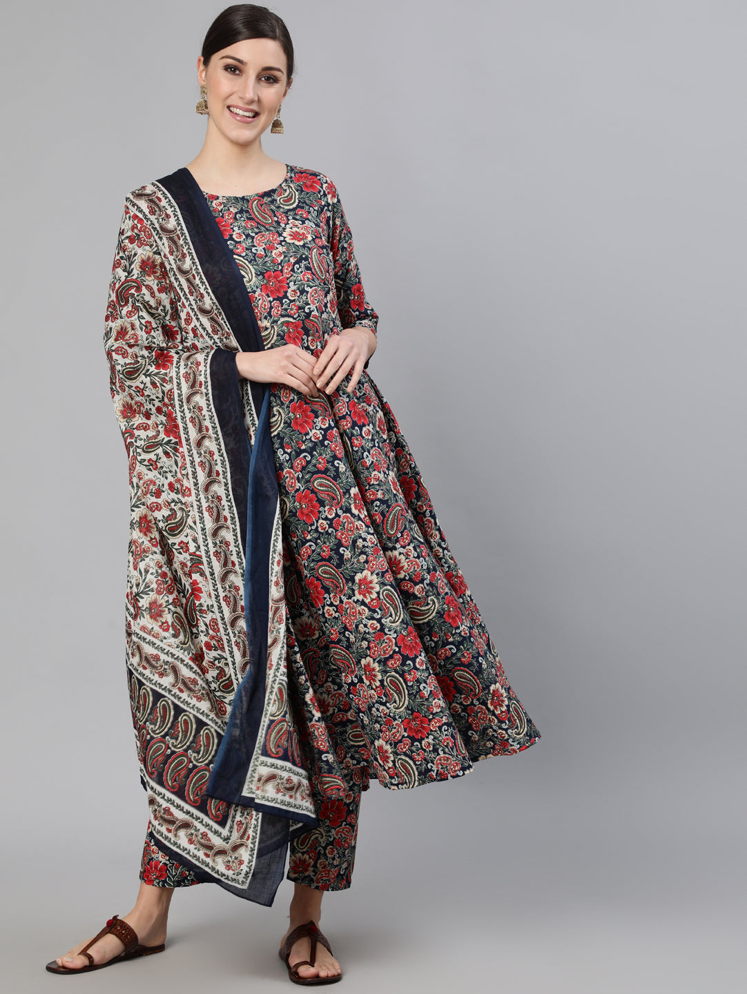 Women Multi Ethnic Printed Flared Kurta And Trouser With Dupatta | LASVINI - Redefining Indian Fashion with Elegance
