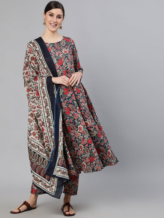 Women Multi Ethnic Printed Flared Kurta And Trouser With Dupatta | LASVINI - Redefining Indian Fashion with Elegance