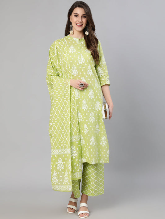 Women Green Ethnic Printed Straight Kurta With Palazzo And Dupatta | LASVINI - Redefining Indian Fashion with Elegance