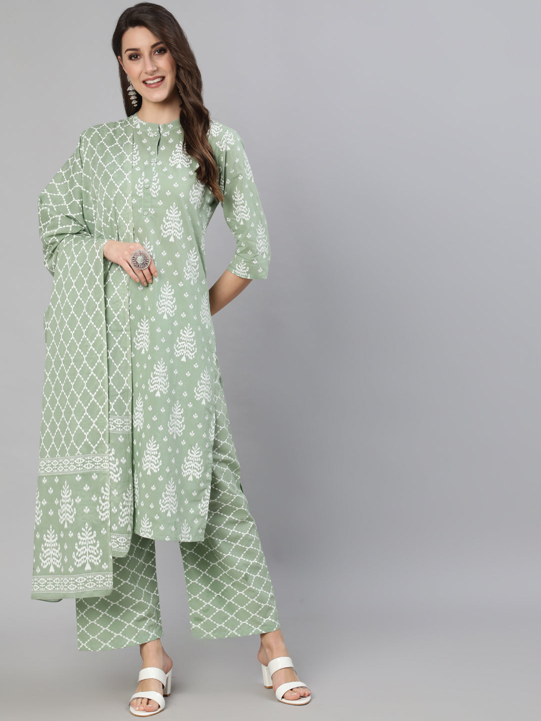 Women Olive Green Ethnic Printed Kurta And Palazzo With Dupatta | LASVINI - Redefining Indian Fashion with Elegance