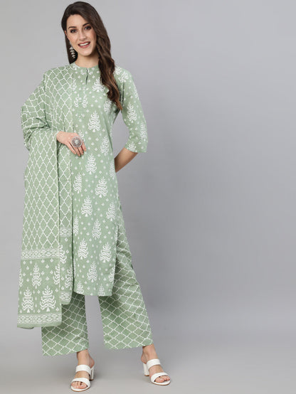 Women Olive Green Ethnic Printed Kurta And Palazzo With Dupatta | LASVINI - Redefining Indian Fashion with Elegance