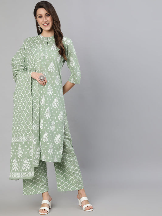 Women Olive Green Ethnic Printed Kurta And Palazzo With Dupatta | LASVINI - Redefining Indian Fashion with Elegance