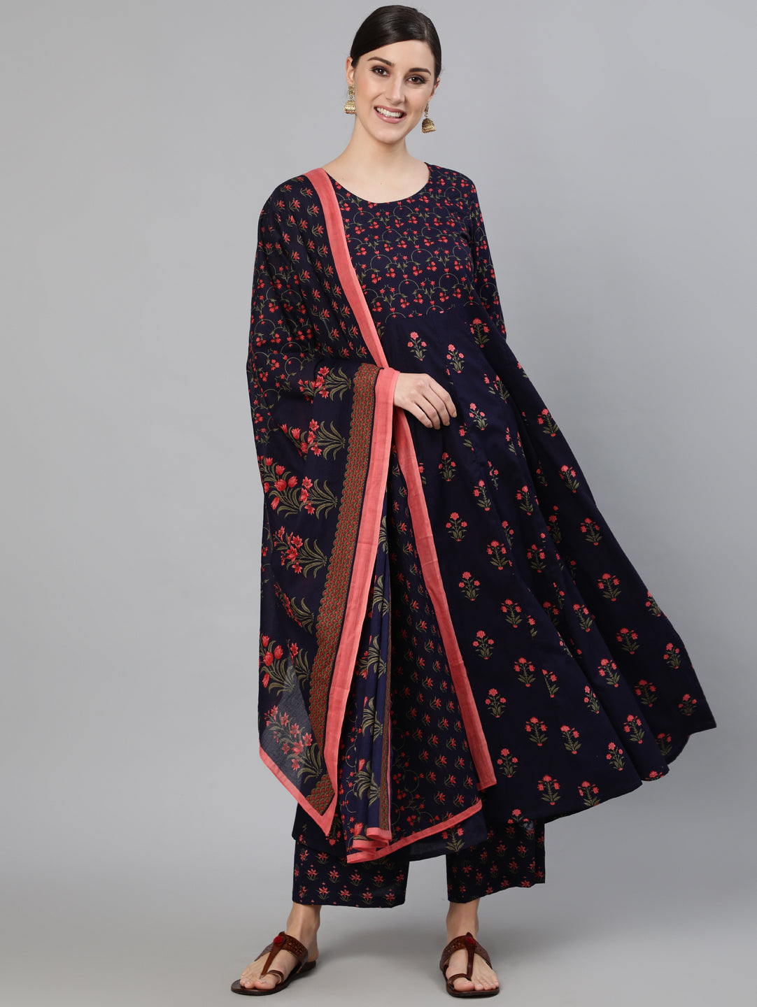Women Navy Blue Printed Flared Kurta With Trouser And Dupatta | LASVINI - Redefining Indian Fashion with Elegance
