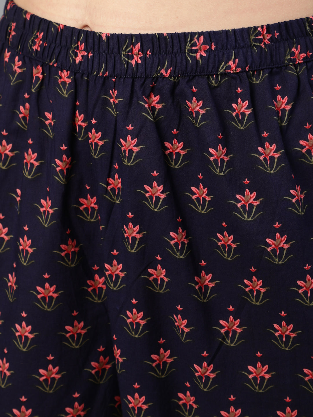 Women Navy Blue Printed Flared Kurta With Trouser And Dupatta | LASVINI - Redefining Indian Fashion with Elegance