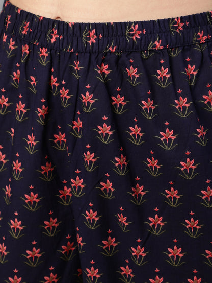 Women Navy Blue Printed Flared Kurta With Trouser And Dupatta | LASVINI - Redefining Indian Fashion with Elegance