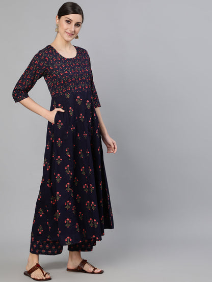 Women Navy Blue Printed Flared Kurta With Trouser And Dupatta | LASVINI - Redefining Indian Fashion with Elegance