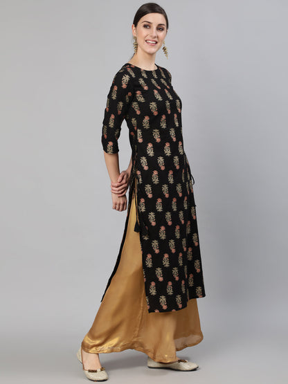 Women Nevy Blue Floral Printed Straight Kurta With Three Quarter Sleeves | LASVINI - Redefining Indian Fashion with Elegance
