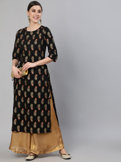 Women Nevy Blue Floral Printed Straight Kurta With Three Quarter Sleeves | LASVINI - Redefining Indian Fashion with Elegance