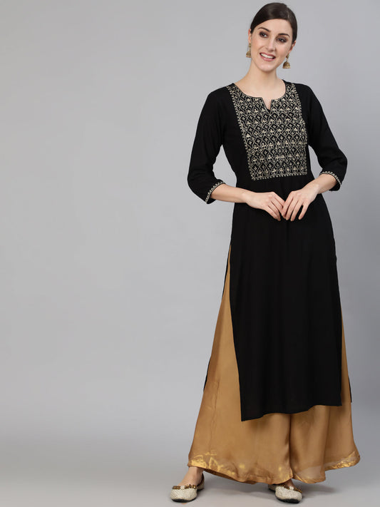 Women Black Embroidered Straight Kurta With Three Quarter Sleeves | LASVINI - Redefining Indian Fashion with Elegance