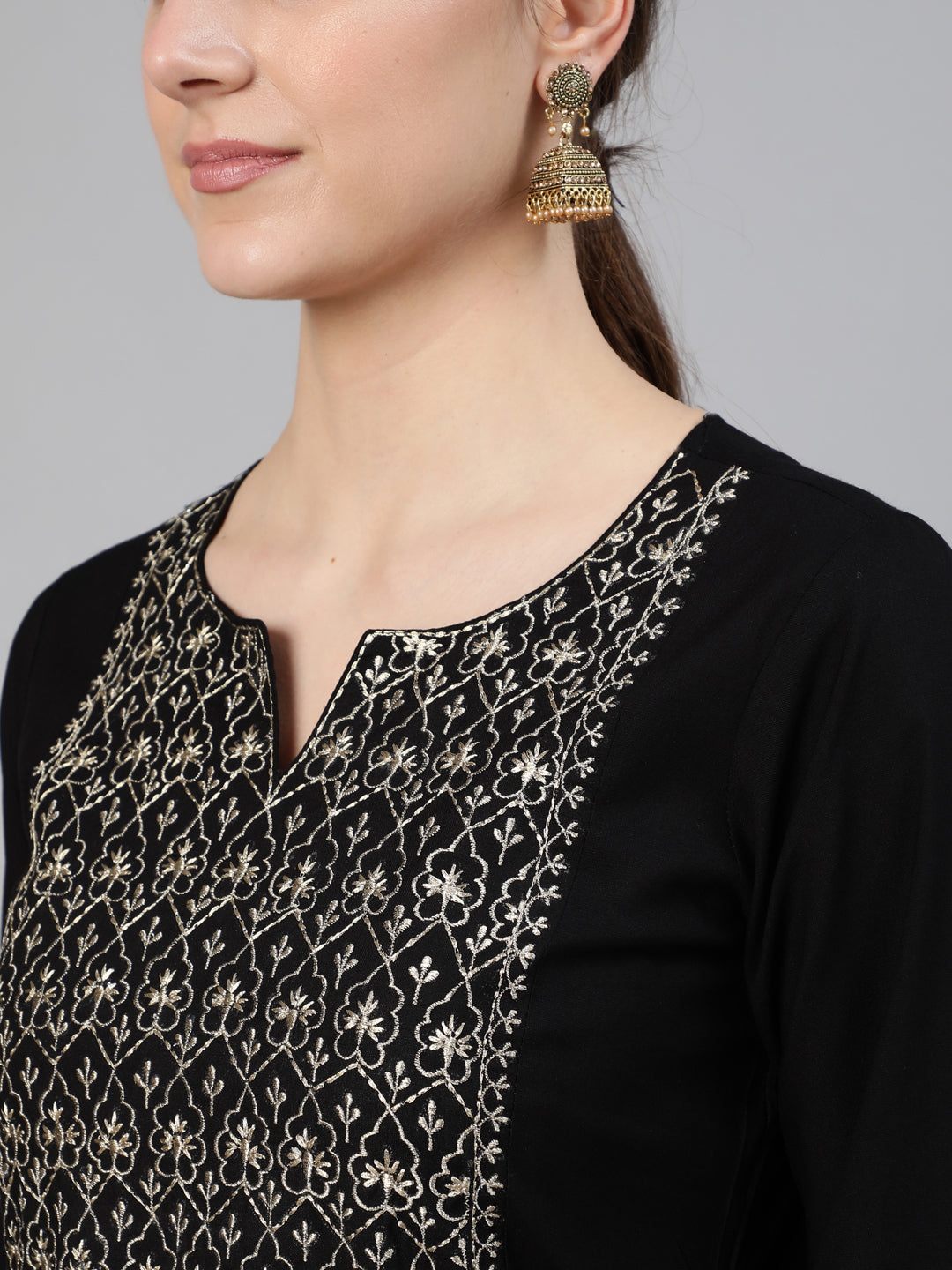 Women Black Embroidered Straight Kurta With Three Quarter Sleeves | LASVINI - Redefining Indian Fashion with Elegance