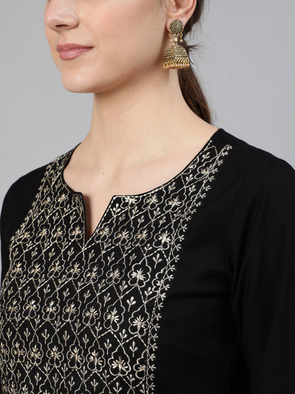 Women Black Embroidered Straight Kurta With Three Quarter Sleeves | LASVINI - Redefining Indian Fashion with Elegance