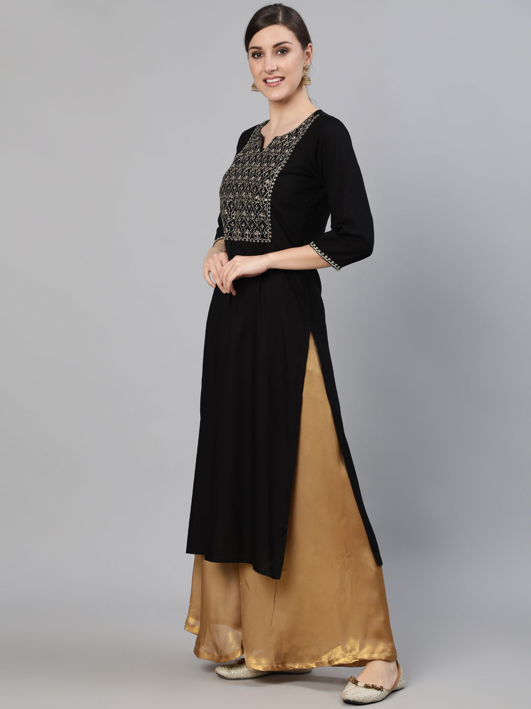 Women Black Embroidered Straight Kurta With Three Quarter Sleeves | LASVINI - Redefining Indian Fashion with Elegance