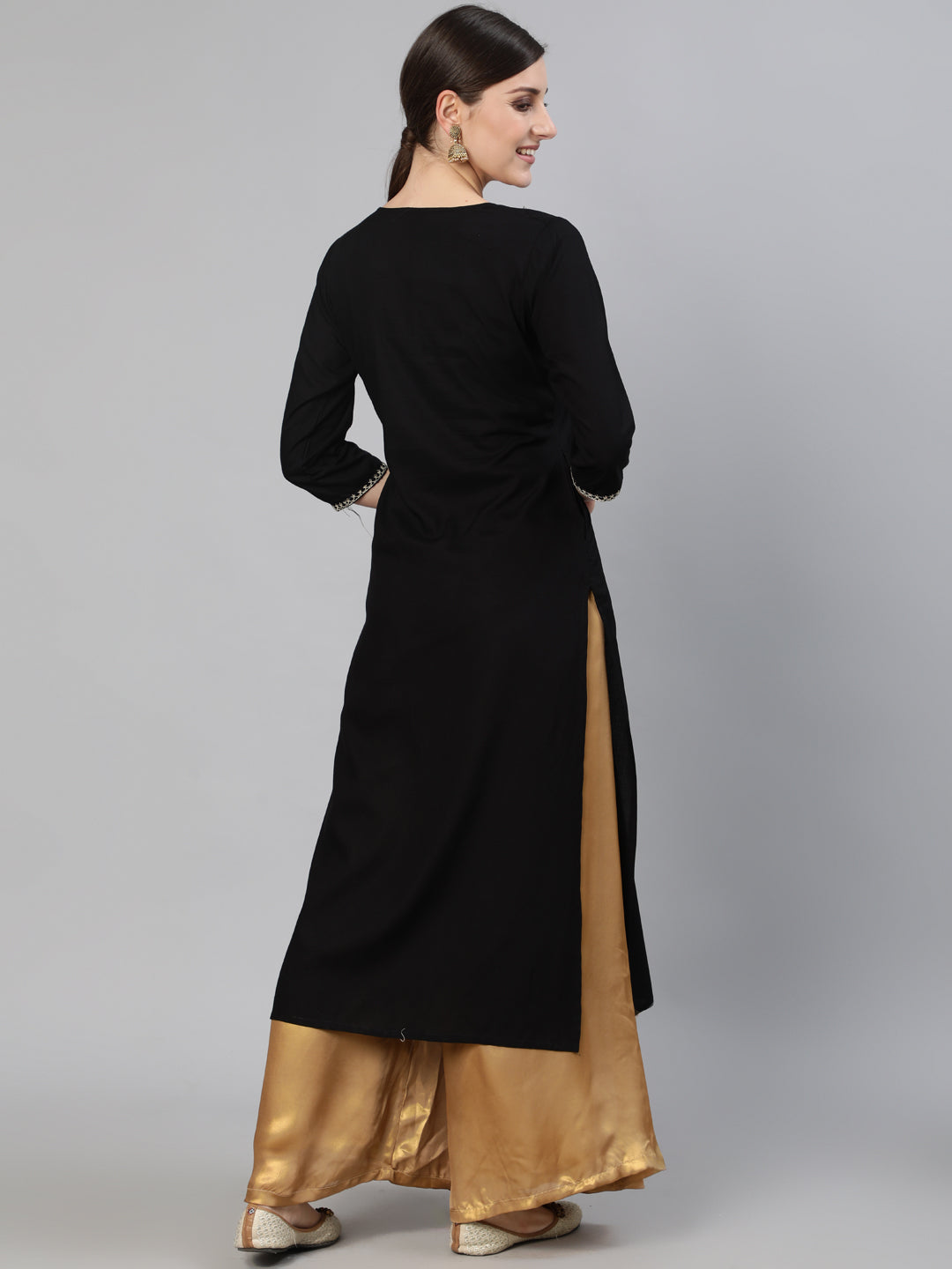 Women Black Embroidered Straight Kurta With Three Quarter Sleeves | LASVINI - Redefining Indian Fashion with Elegance