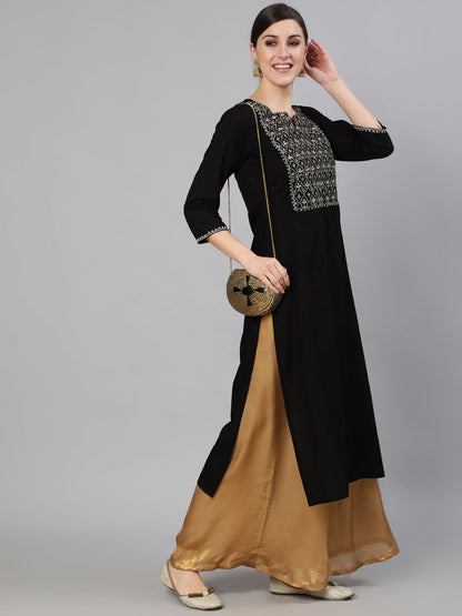 Women Black Embroidered Straight Kurta With Three Quarter Sleeves | LASVINI - Redefining Indian Fashion with Elegance