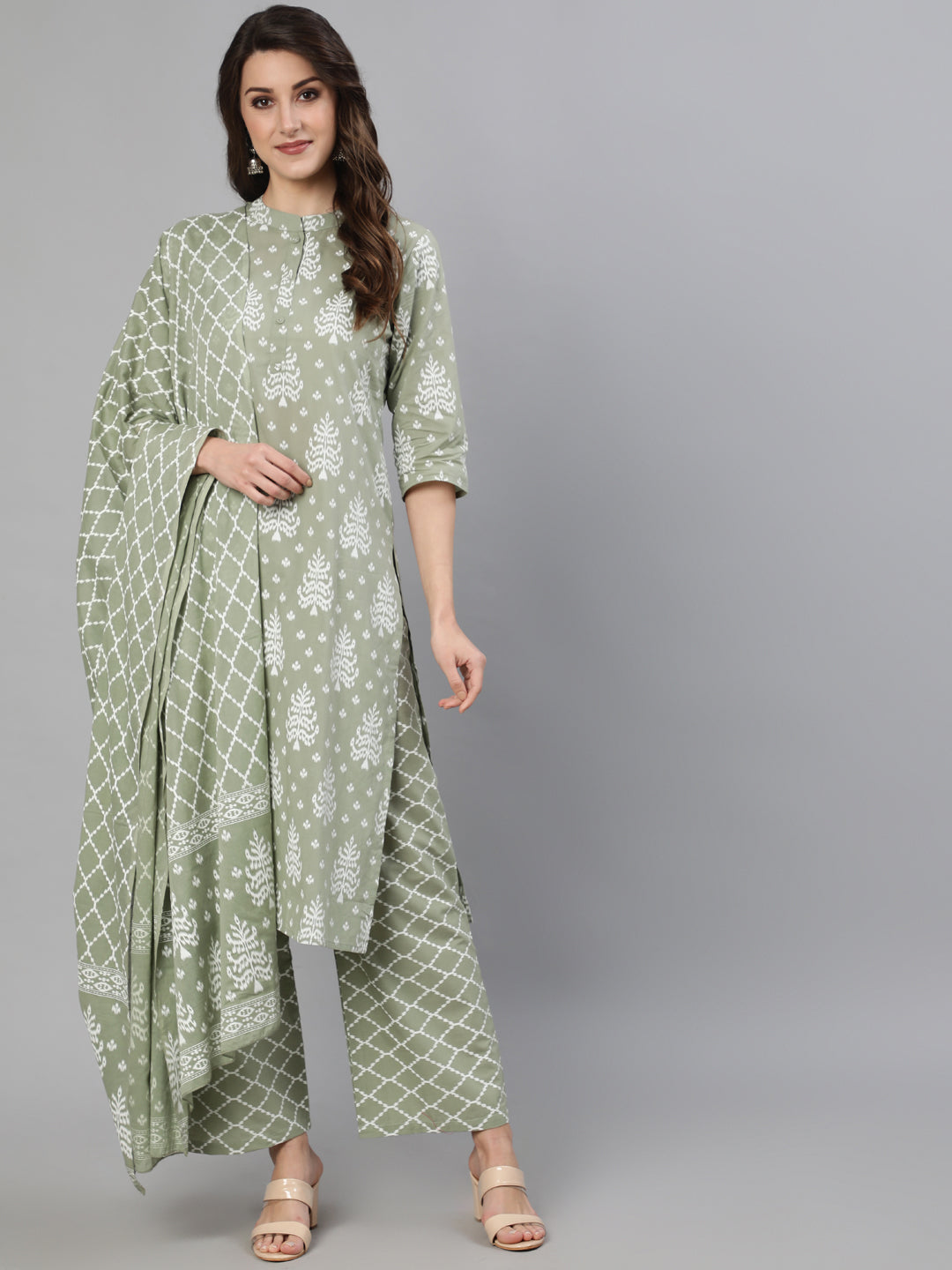 Women Grey Ethnic Printed Straight Kurta With Three Quarter Sleeves | LASVINI - Redefining Indian Fashion with Elegance