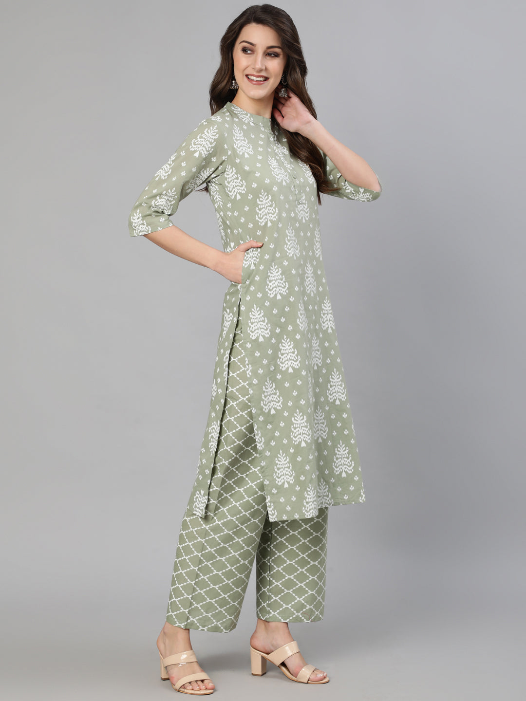 Women Grey Ethnic Printed Straight Kurta With Three Quarter Sleeves | LASVINI - Redefining Indian Fashion with Elegance