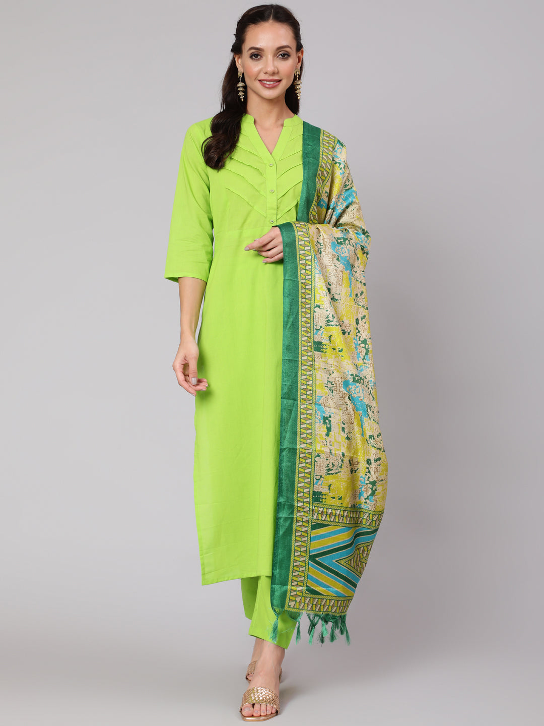 Women Green Solid Straight Kurta With Palazzo And Dupatta | LASVINI - Redefining Indian Fashion with Elegance