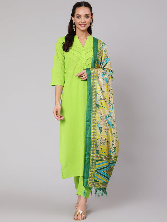 Women Green Solid Straight Kurta With Palazzo And Dupatta | LASVINI - Redefining Indian Fashion with Elegance