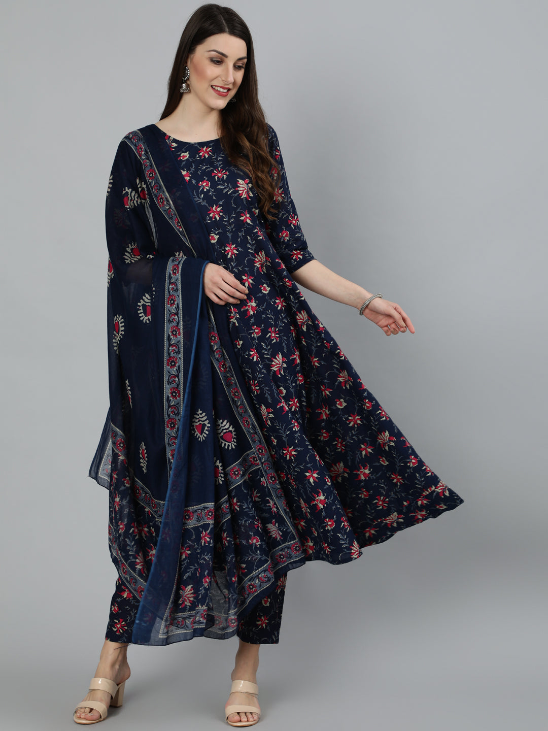 Women Navy Blue & Pink Floral Printed Flared Kurta And Trouser With Dupatta | LASVINI - Redefining Indian Fashion with Elegance
