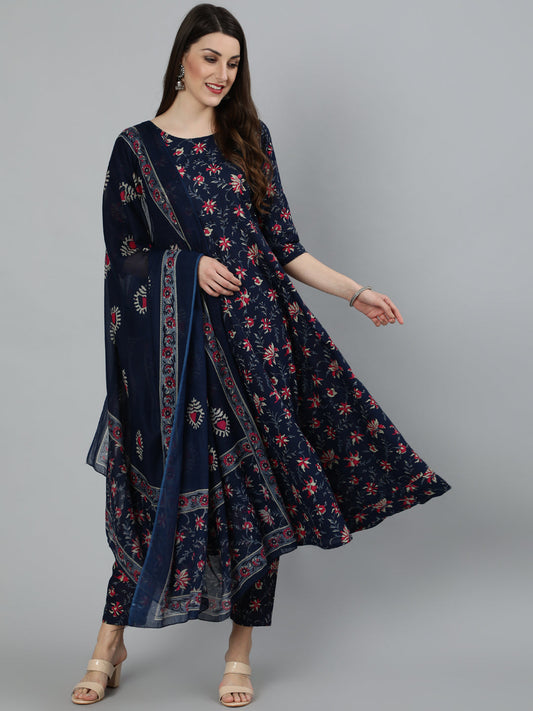 Women Navy Blue & Pink Floral Printed Flared Kurta And Trouser With Dupatta | LASVINI - Redefining Indian Fashion with Elegance