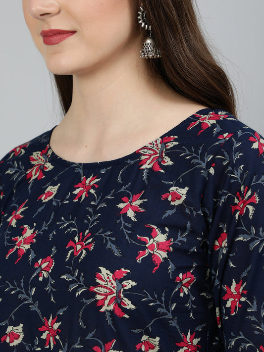 Women Navy Blue & Pink Floral Printed Flared Kurta And Trouser With Dupatta | LASVINI - Redefining Indian Fashion with Elegance