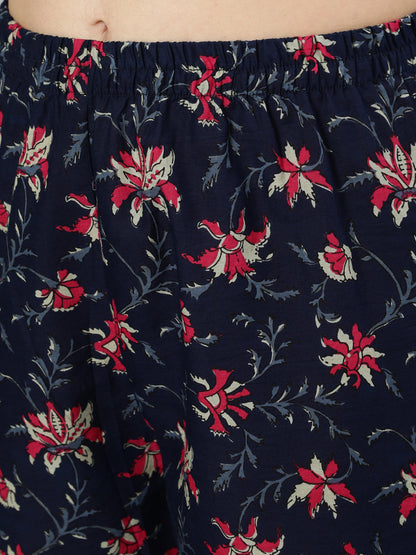 Women Navy Blue & Pink Floral Printed Flared Kurta And Trouser With Dupatta | LASVINI - Redefining Indian Fashion with Elegance