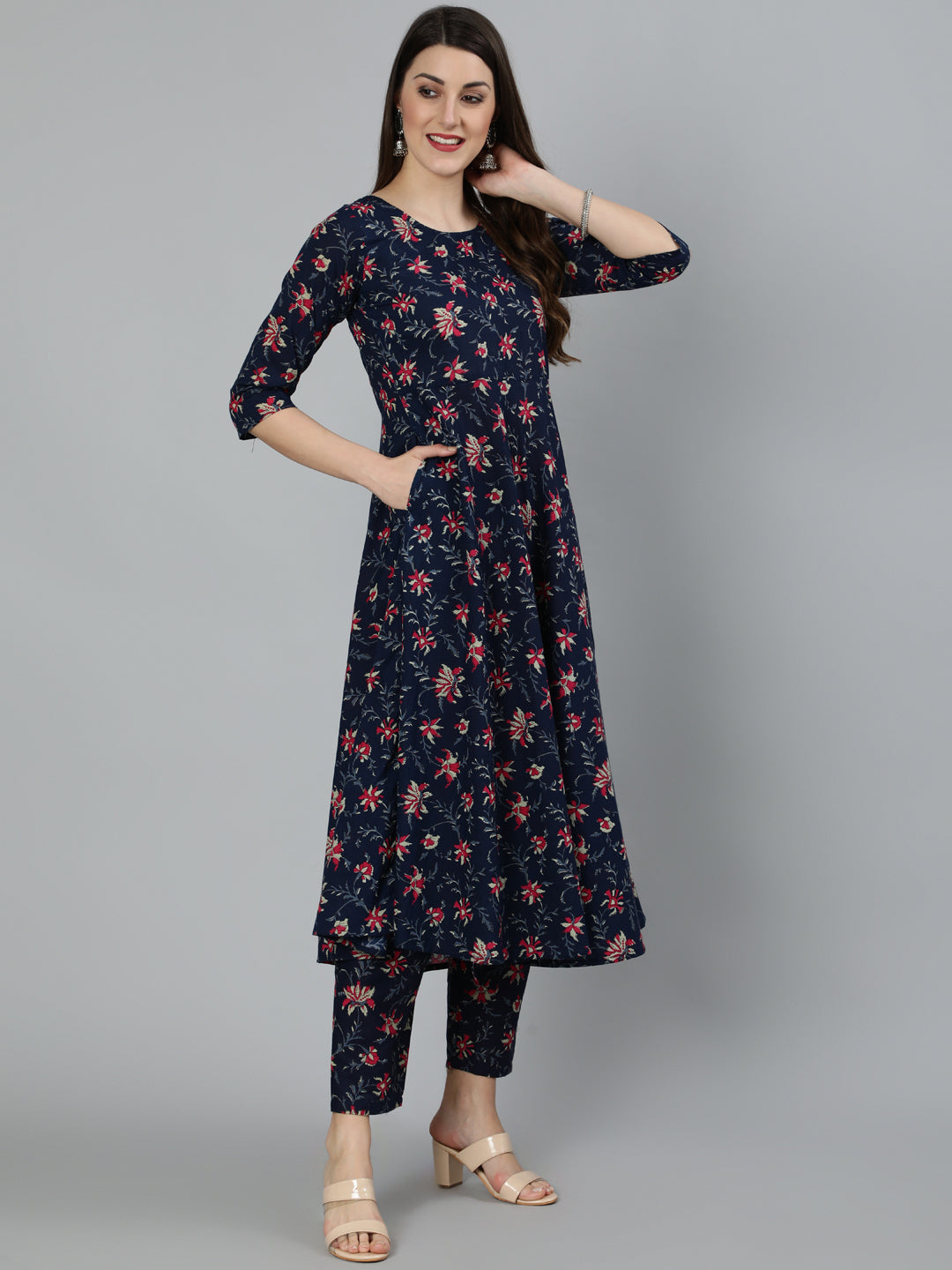 Women Navy Blue & Pink Floral Printed Flared Kurta And Trouser With Dupatta | LASVINI - Redefining Indian Fashion with Elegance