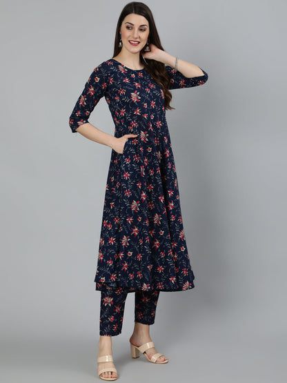 Women Navy Blue & Pink Floral Printed Flared Kurta And Trouser With Dupatta | LASVINI - Redefining Indian Fashion with Elegance