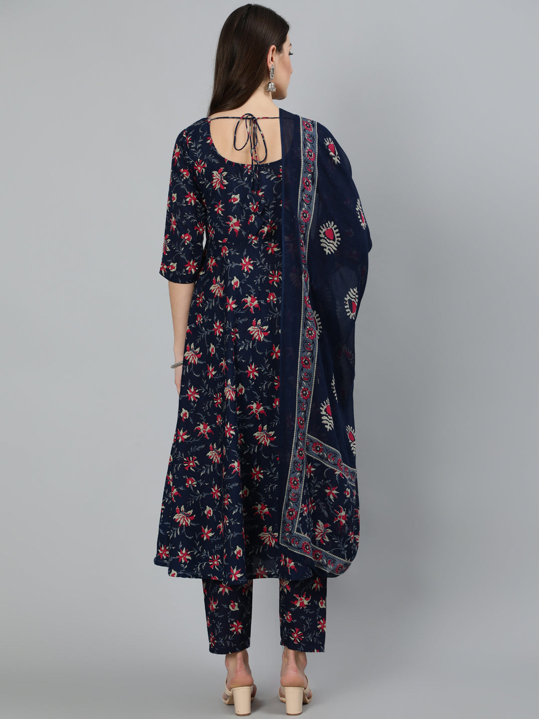 Women Navy Blue & Pink Floral Printed Flared Kurta And Trouser With Dupatta | LASVINI - Redefining Indian Fashion with Elegance