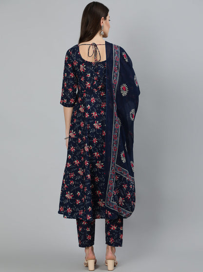 Women Navy Blue & Pink Floral Printed Flared Kurta And Trouser With Dupatta | LASVINI - Redefining Indian Fashion with Elegance