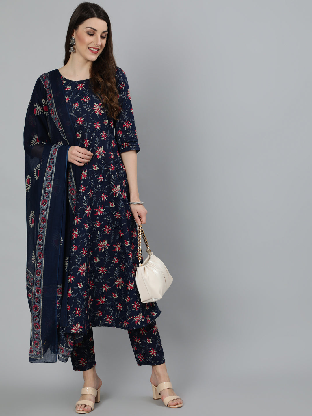 Women Navy Blue & Pink Floral Printed Flared Kurta And Trouser With Dupatta | LASVINI - Redefining Indian Fashion with Elegance
