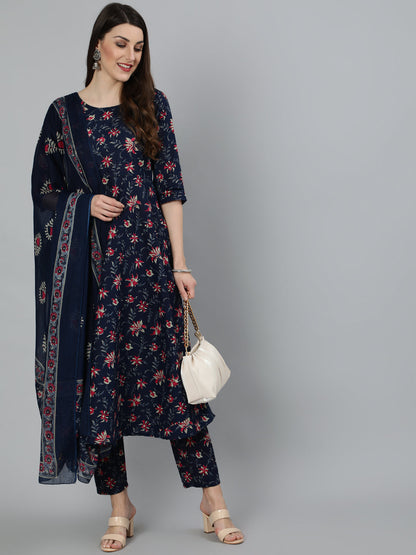 Women Navy Blue & Pink Floral Printed Flared Kurta And Trouser With Dupatta | LASVINI - Redefining Indian Fashion with Elegance