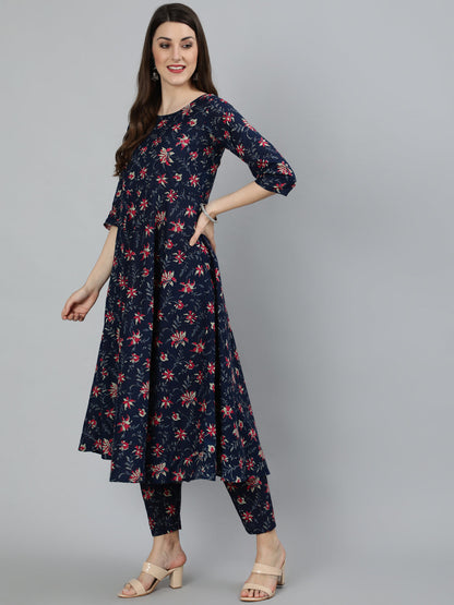 Women Navy Blue & Pink Floral Printed Flared Kurta And Trouser With Dupatta | LASVINI - Redefining Indian Fashion with Elegance