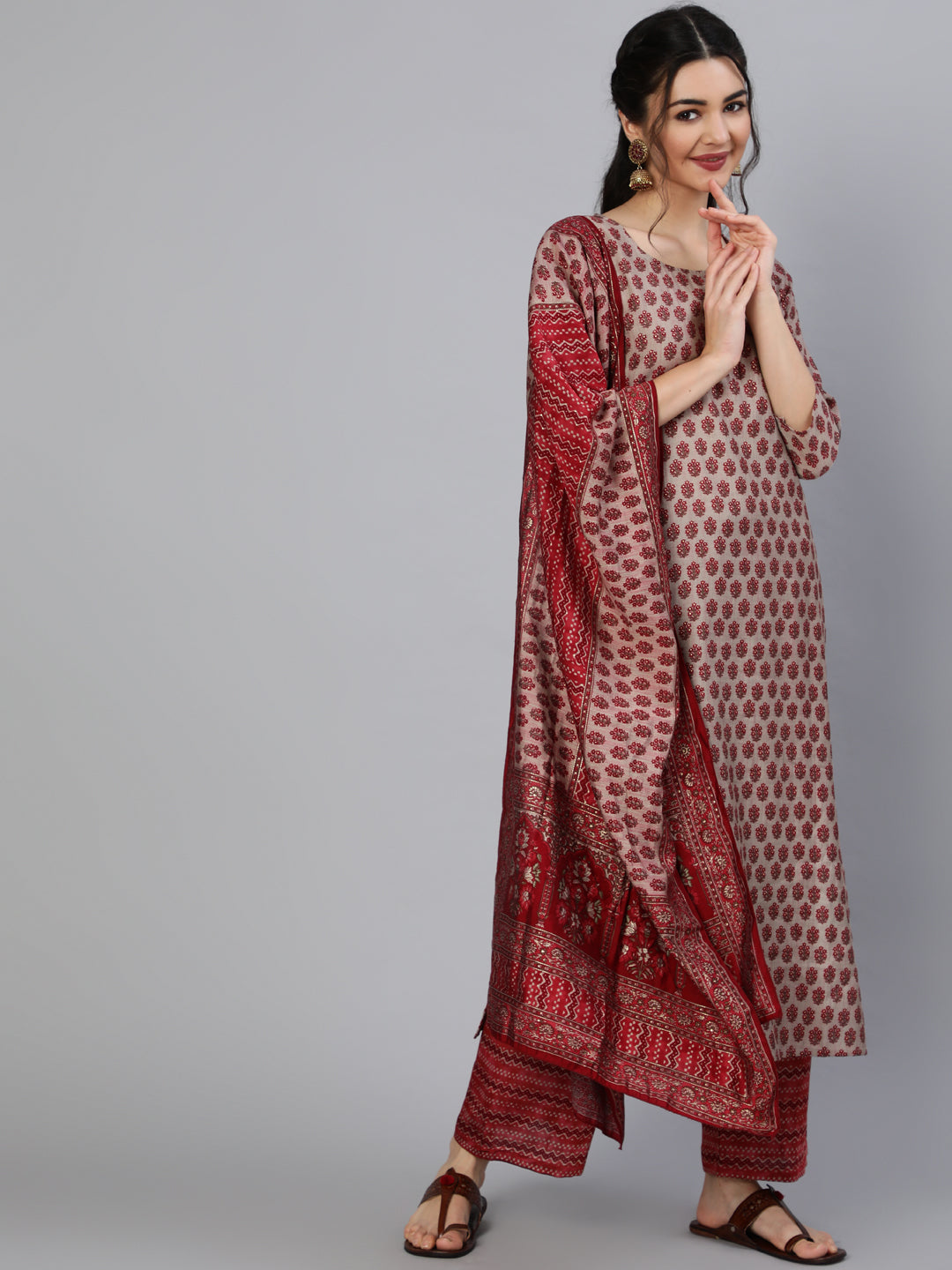 Women Maroon Ethnic Printed Kurta & Palazzo With Dupatta | LASVINI - Redefining Indian Fashion with Elegance