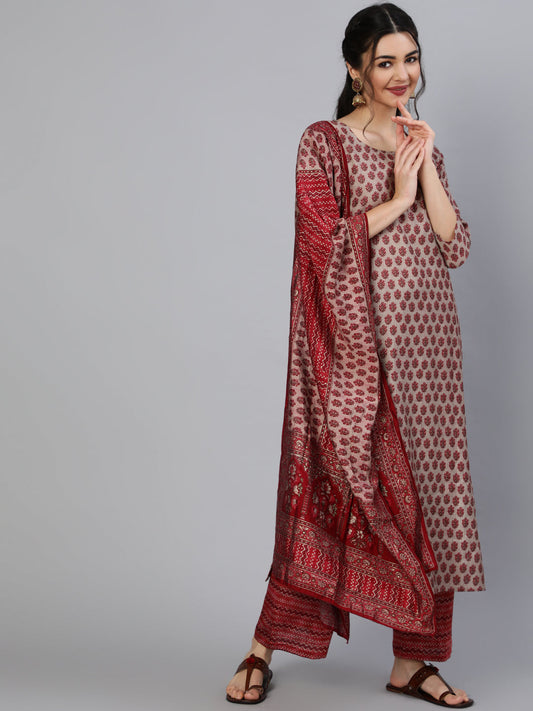 Women Maroon Ethnic Printed Kurta & Palazzo With Dupatta | LASVINI - Redefining Indian Fashion with Elegance