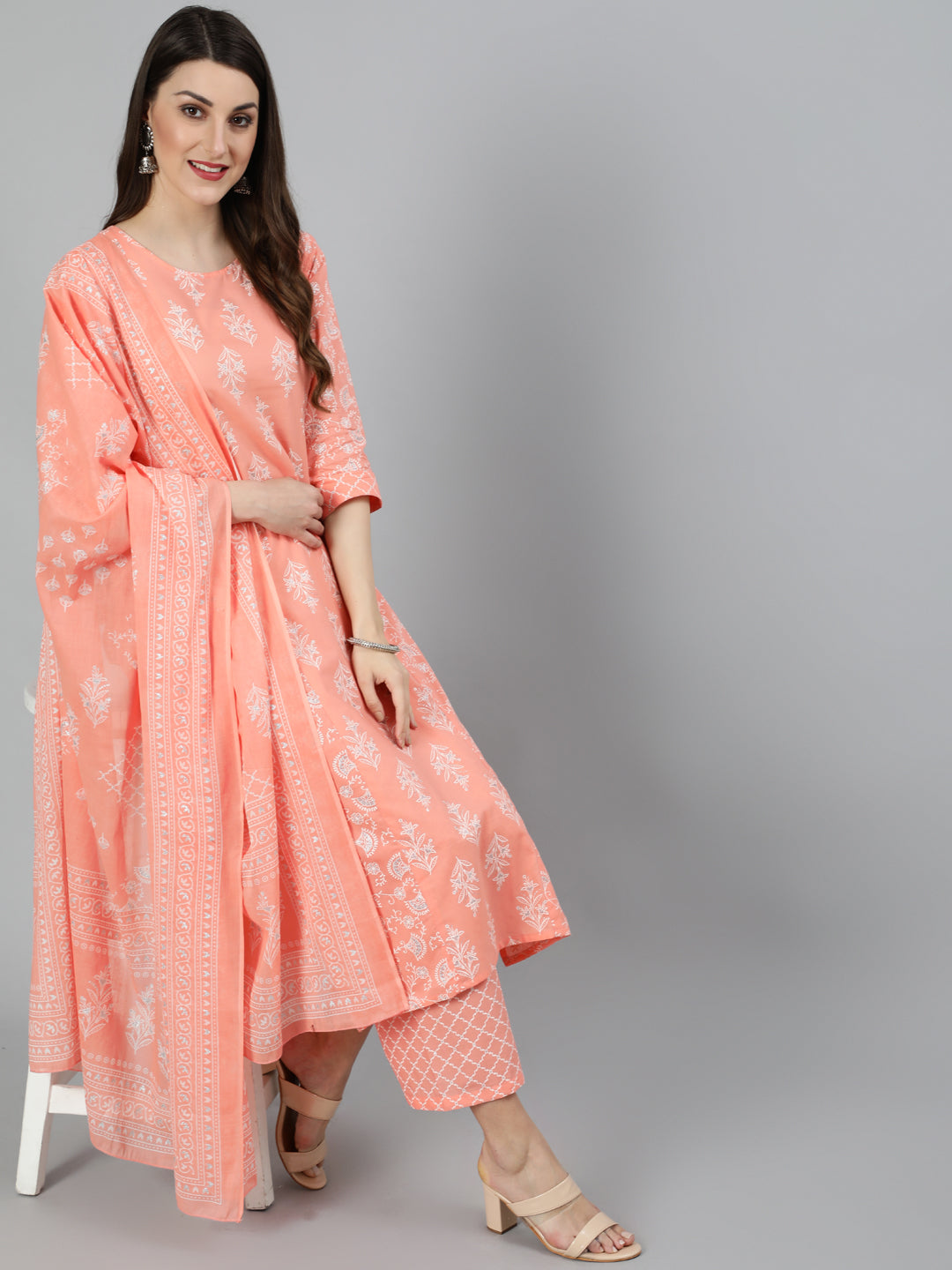 Women Peach Floral Printed Kurta And Palazzo With Dupatta | LASVINI - Redefining Indian Fashion with Elegance