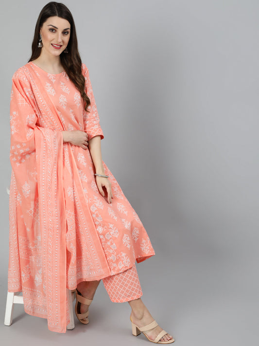 Women Peach Floral Printed Kurta And Palazzo With Dupatta | LASVINI - Redefining Indian Fashion with Elegance