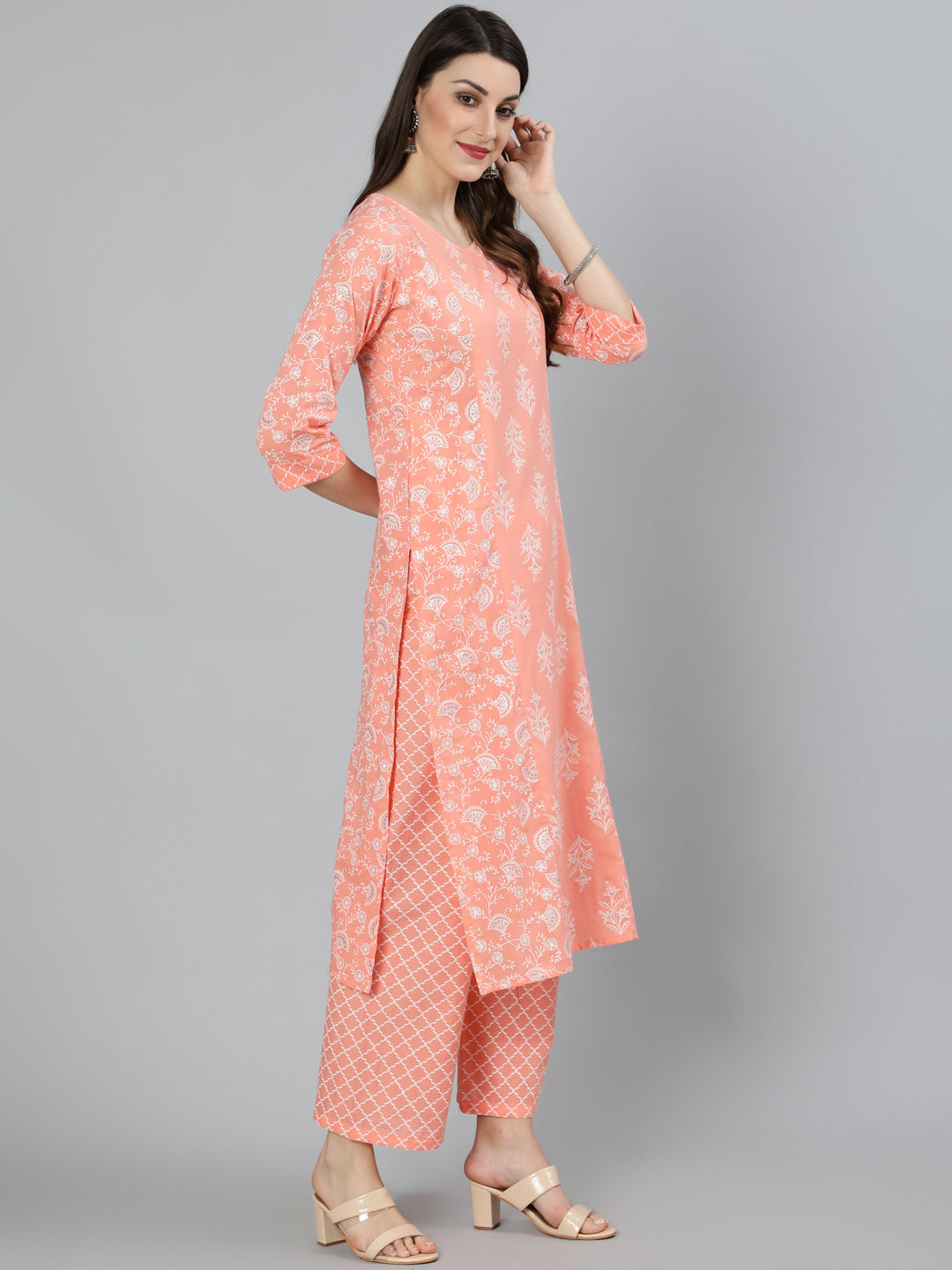 Women Peach Floral Printed Kurta And Palazzo With Dupatta | LASVINI - Redefining Indian Fashion with Elegance